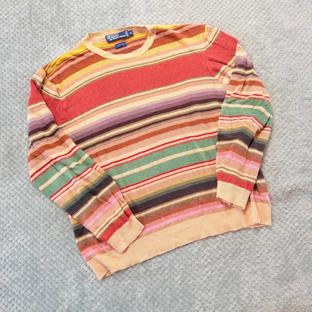 Vtg POLO Ralph Lauren Colorful Striped 100% Linen Crewneck Sweater RARE Retro